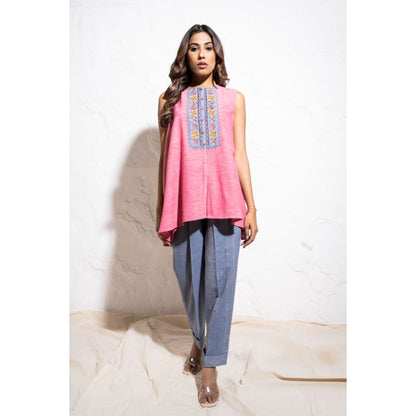 The White Tree Studio Embroidered Yoke Handwoven Cotton Berry Pink Top