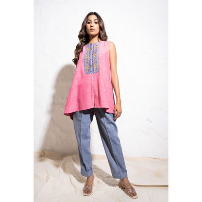 The White Tree Studio Embroidered Yoke Handwoven Cotton Berry Pink Top