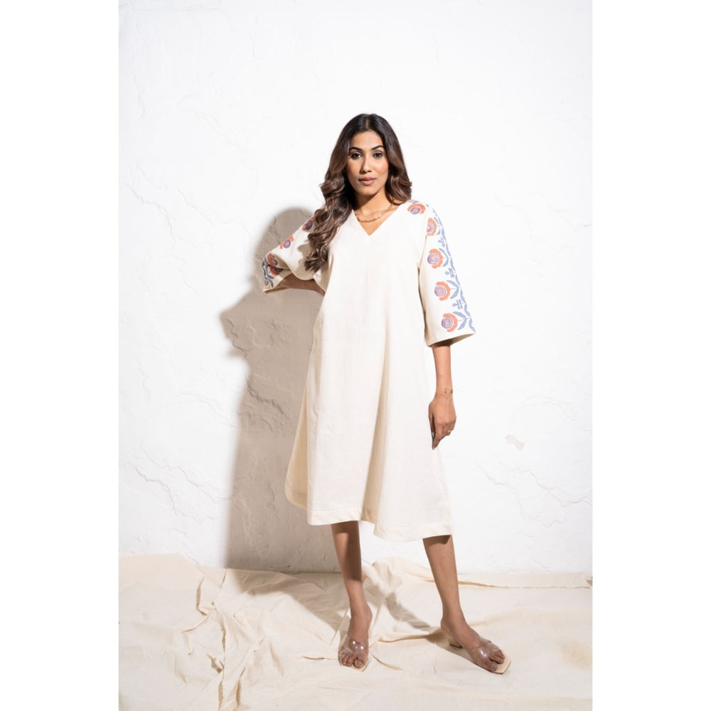 The White Tree Studio Off-white Handwoven Embroidered Cotton Midi Dress