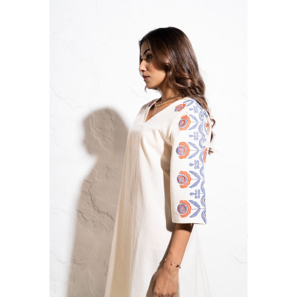 The White Tree Studio Off-white Handwoven Embroidered Cotton Midi Dress