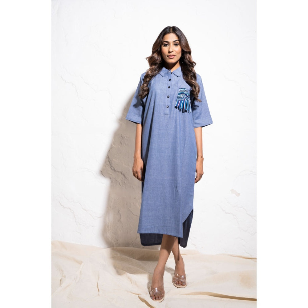 The White Tree Studio Denim Blue Handwoven Embroidered Cotton Shirt Midi Dress