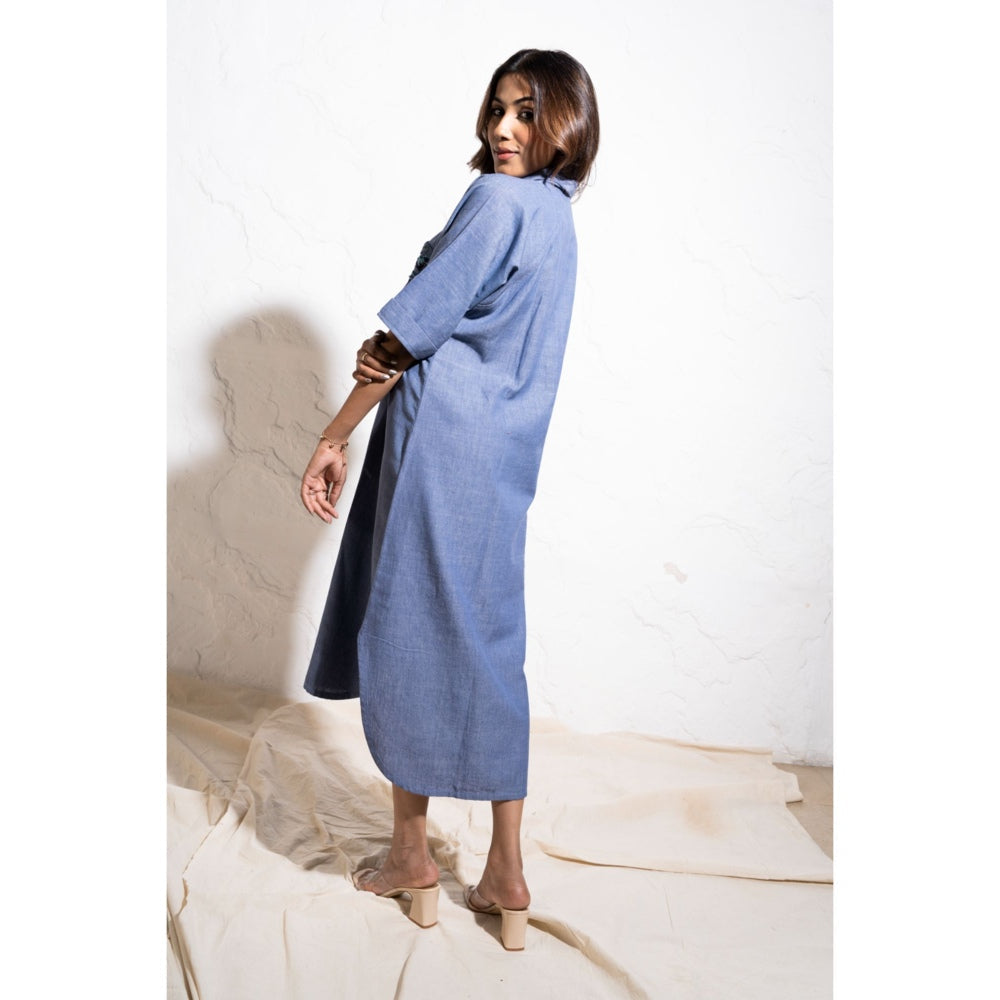 The White Tree Studio Denim Blue Handwoven Embroidered Cotton Shirt Midi Dress