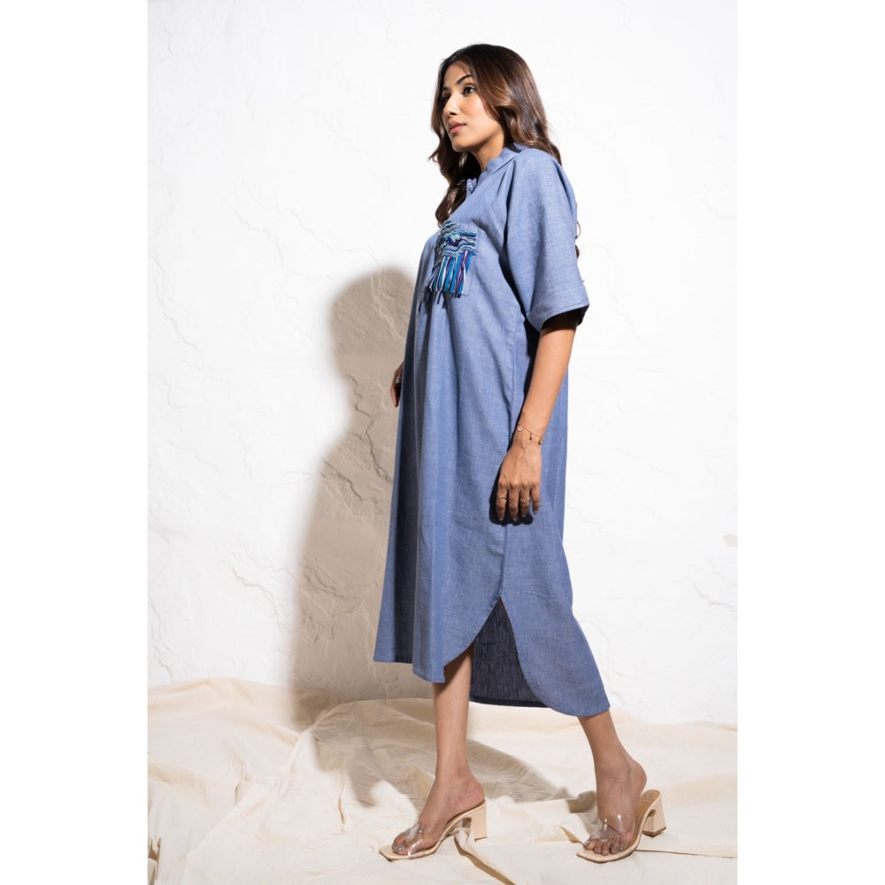 The White Tree Studio Denim Blue Handwoven Embroidered Cotton Shirt Midi Dress