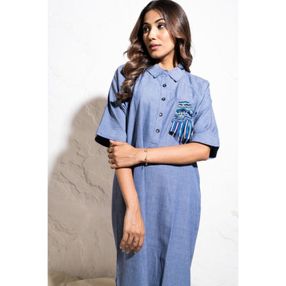 The White Tree Studio Denim Blue Handwoven Embroidered Cotton Shirt Midi Dress