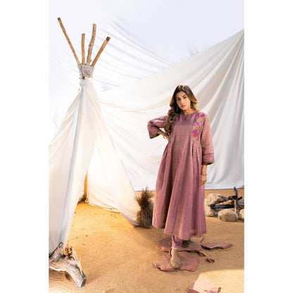 The White Tree Studio Mauve Handloom Zari Embroidered Kurta with Pant & Inner (Set of 3)