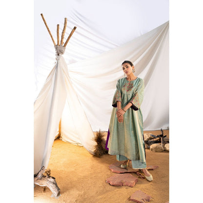 The White Tree Studio Green Handloom Zari Embroidered Kurta with Pant & Inner (Set of 3)