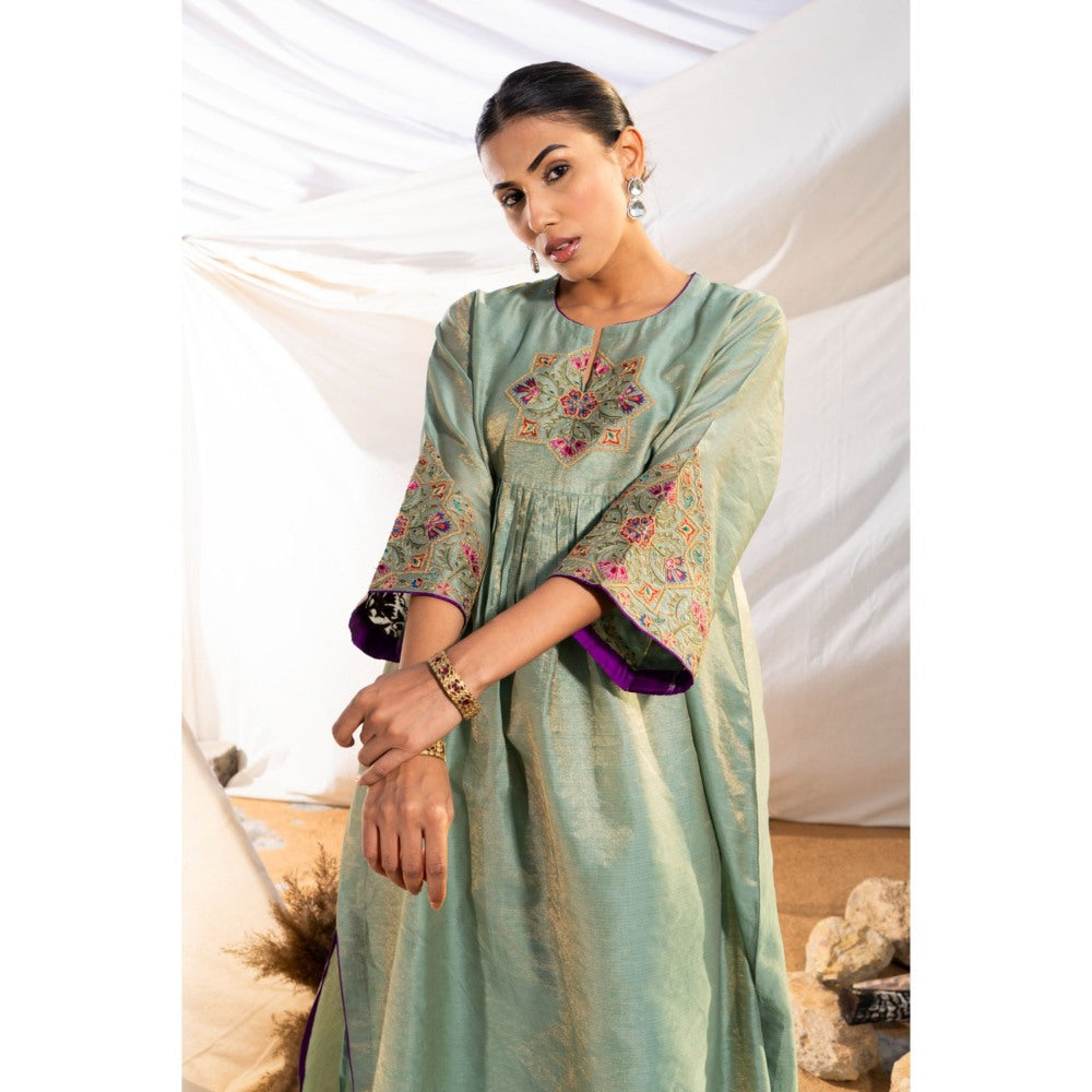 The White Tree Studio Green Handloom Zari Embroidered Kurta with Pant & Inner (Set of 3)