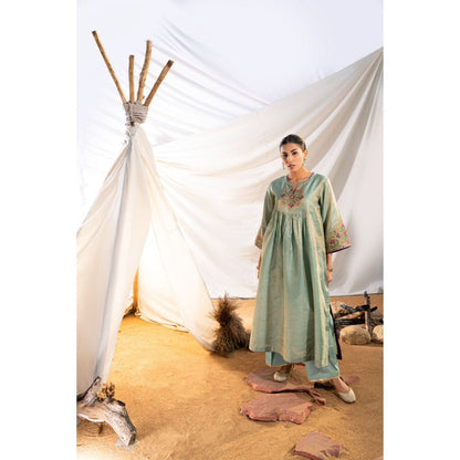 The White Tree Studio Green Handloom Zari Embroidered Kurta with Pant & Inner (Set of 3)