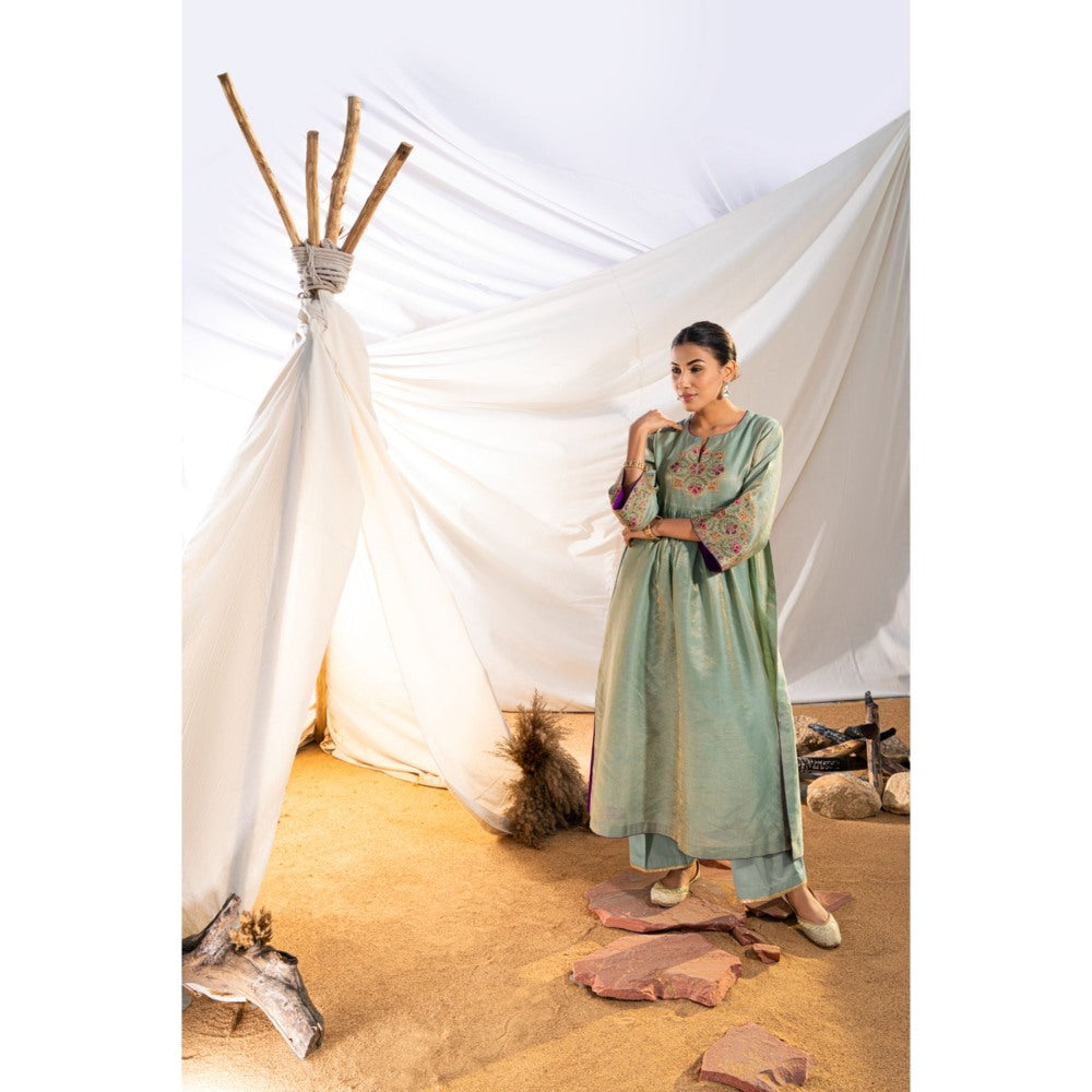 The White Tree Studio Green Handloom Zari Embroidered Kurta with Pant & Inner (Set of 3)