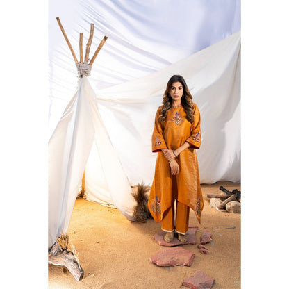 The White Tree Studio Rust Handloom Zari Embroidered Kurta with Pant & Inner (Set of 3)