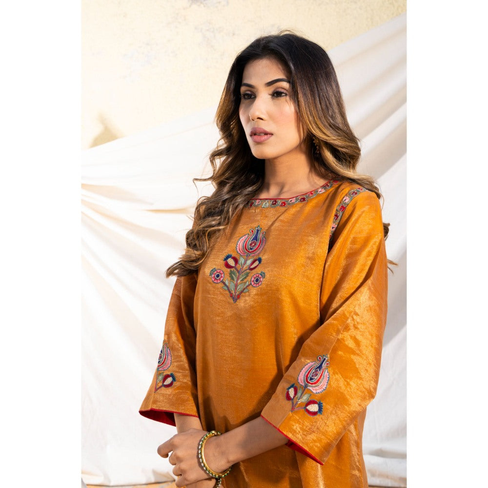 The White Tree Studio Rust Handloom Zari Embroidered Kurta with Pant & Inner (Set of 3)