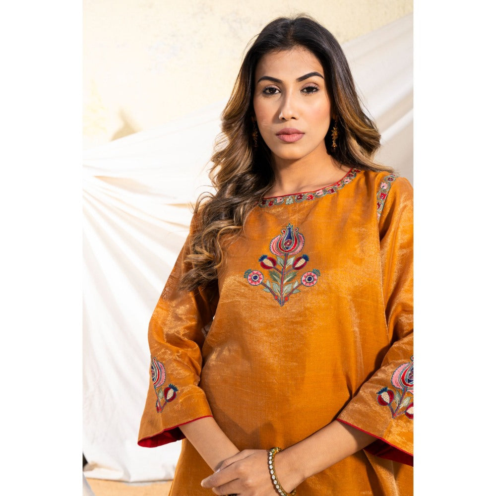 The White Tree Studio Rust Handloom Zari Embroidered Kurta with Pant & Inner (Set of 3)