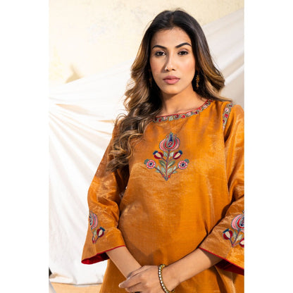 The White Tree Studio Rust Handloom Zari Embroidered Kurta with Pant & Inner (Set of 3)