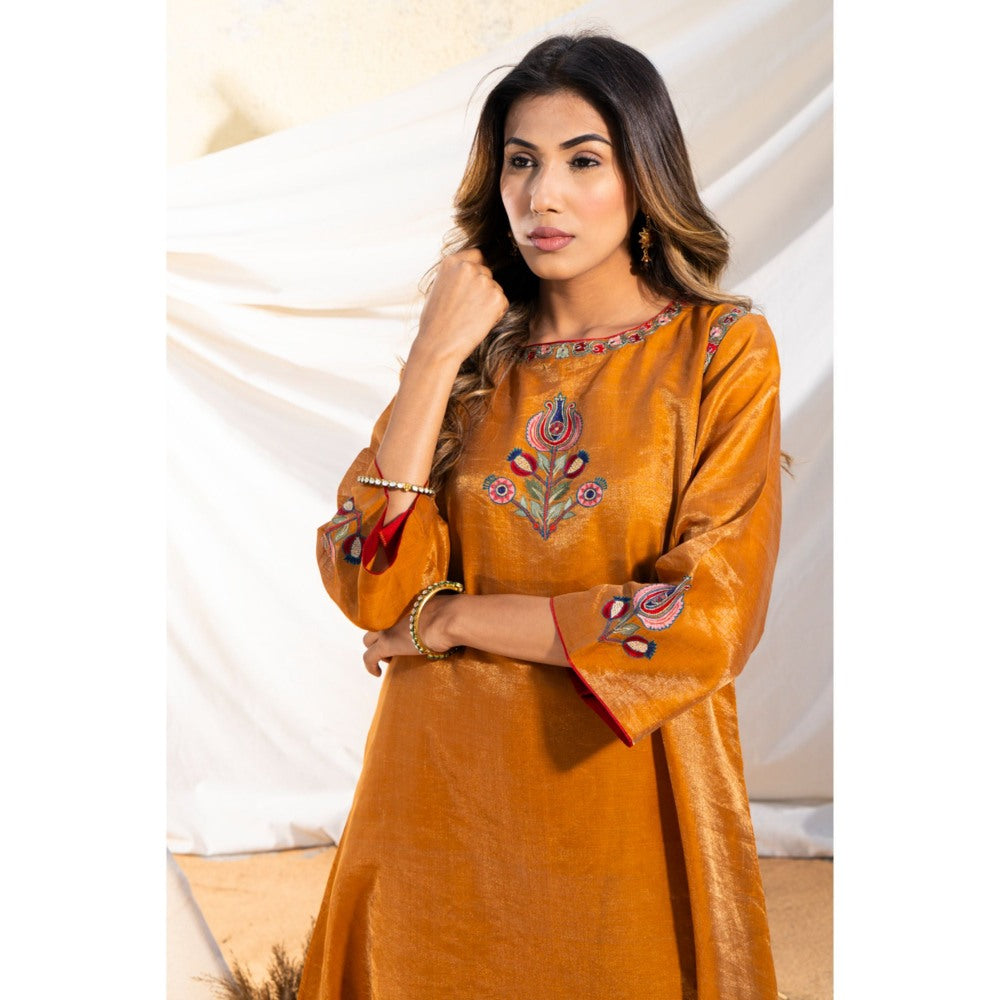 The White Tree Studio Rust Handloom Zari Embroidered Kurta with Pant & Inner (Set of 3)