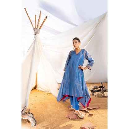 The White Tree Studio Blue Handloom Zari Embroidered Kurta with Pant & Inner (Set of 3)