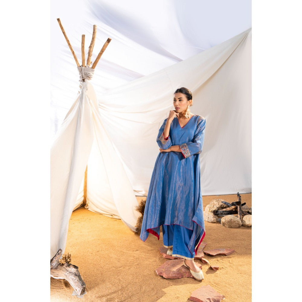 The White Tree Studio Blue Handloom Zari Embroidered Kurta with Pant & Inner (Set of 3)