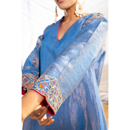 The White Tree Studio Blue Handloom Zari Embroidered Kurta with Pant & Inner (Set of 3)