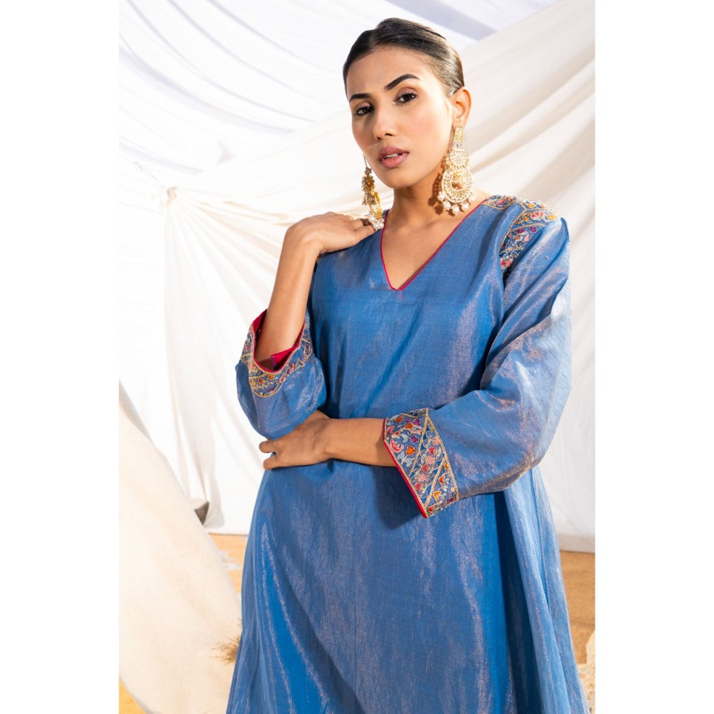 The White Tree Studio Blue Handloom Zari Embroidered Kurta with Pant & Inner (Set of 3)