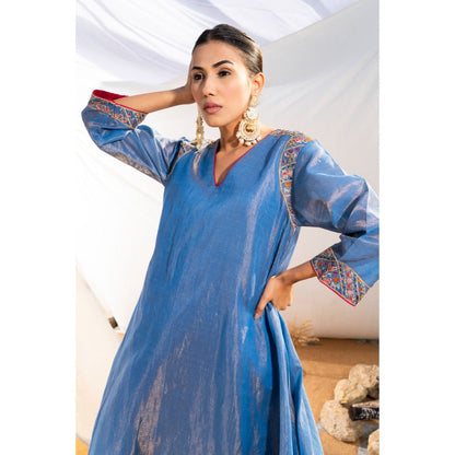 The White Tree Studio Blue Handloom Zari Embroidered Kurta with Pant & Inner (Set of 3)