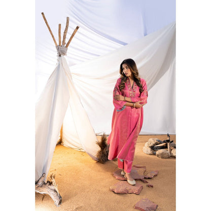 The White Tree Studio Pink Handloom Zari Embroidered Kurta with Pant & Inner (Set of 3)