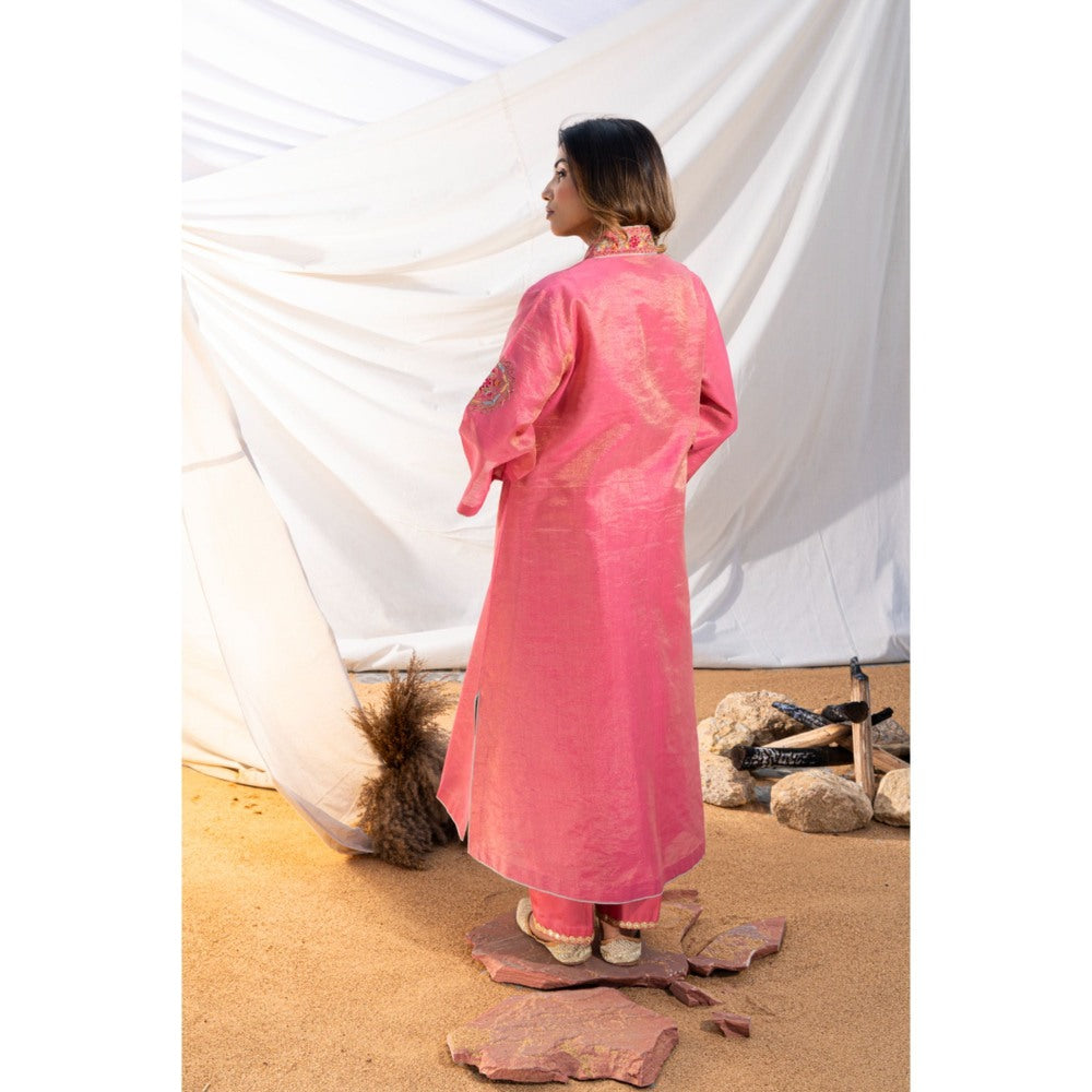 The White Tree Studio Pink Handloom Zari Embroidered Kurta with Pant & Inner (Set of 3)