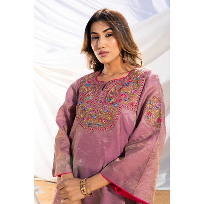 The White Tree Studio Mauve Handloom Zari Embroidered Kurta with Pant & Inner (Set of 3)