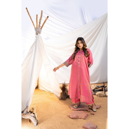 The White Tree Studio Pink Handloom Zari Embroidered Kurta with Pant & Inner (Set of 3)