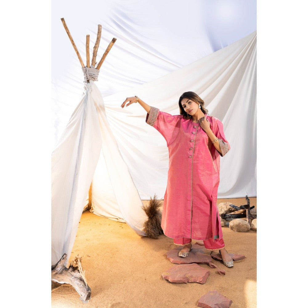 The White Tree Studio Pink Handloom Zari Embroidered Kurta with Pant & Inner (Set of 3)
