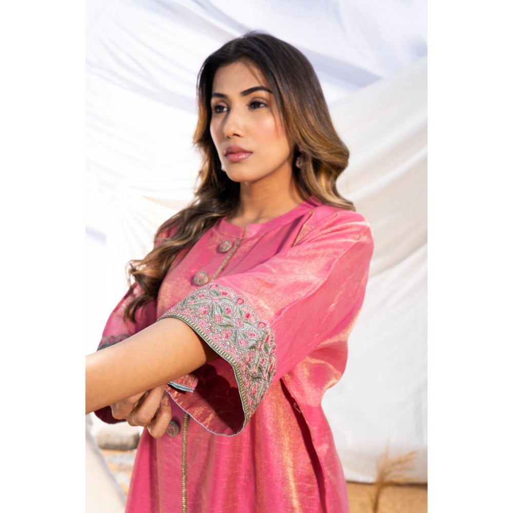 The White Tree Studio Pink Handloom Zari Embroidered Kurta with Pant & Inner (Set of 3)