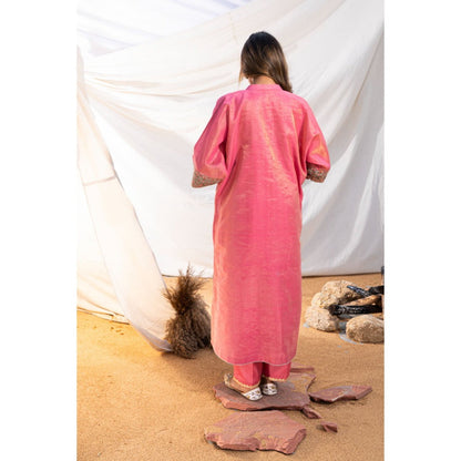 The White Tree Studio Pink Handloom Zari Embroidered Kurta with Pant & Inner (Set of 3)