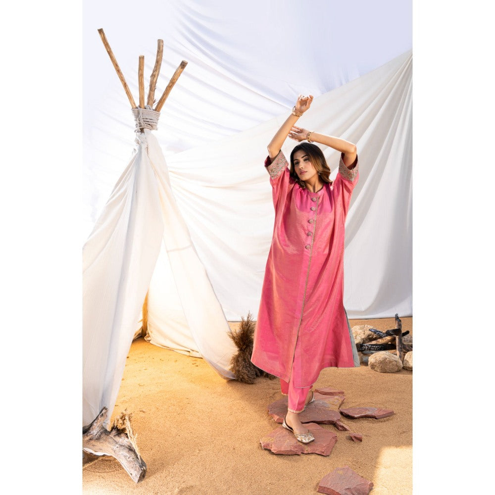 The White Tree Studio Pink Handloom Zari Embroidered Kurta with Pant & Inner (Set of 3)