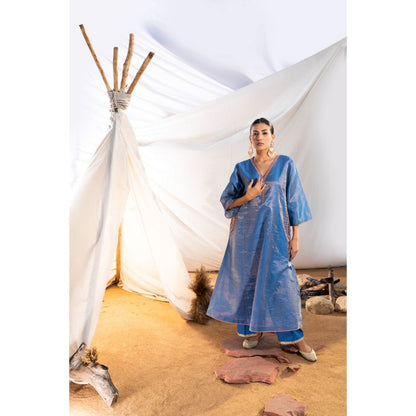 The White Tree Studio Blue Handloom Zari Embroidered Kurta with Pant & Inner (Set of 3)