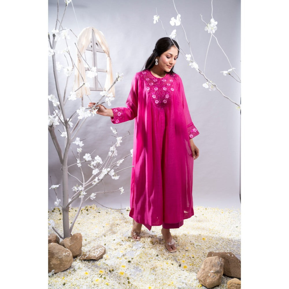 The White Tree Studio Dilshad Fuchsia Gathers & Embroidered Kurta with Pant & Inner (Set of 3)