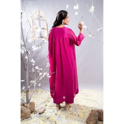 The White Tree Studio Dilshad Fuchsia Gathers & Embroidered Kurta with Pant & Inner (Set of 3)