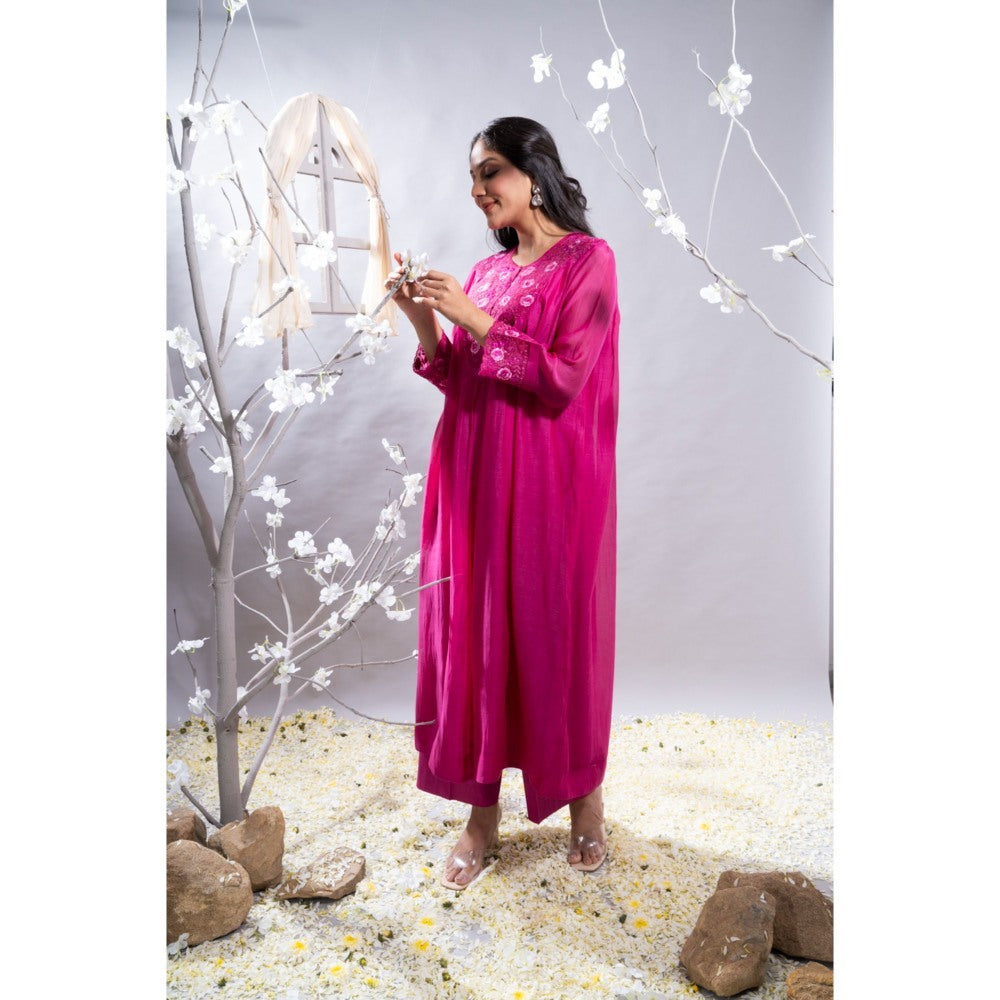 The White Tree Studio Dilshad Fuchsia Gathers & Embroidered Kurta with Pant & Inner (Set of 3)