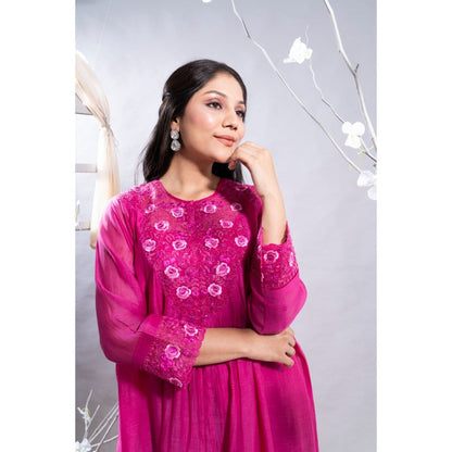 The White Tree Studio Dilshad Fuchsia Gathers & Embroidered Kurta with Pant & Inner (Set of 3)