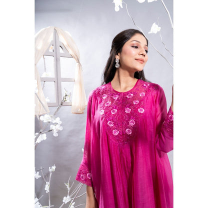 The White Tree Studio Dilshad Fuchsia Gathers & Embroidered Kurta with Pant & Inner (Set of 3)