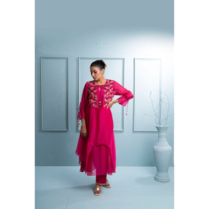 The White Tree Studio Pink Asymmetrical Two-Layer Kurta with Inner and Pant (Set of 3)