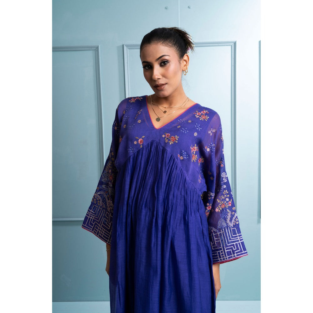 The White Tree Studio Blue Pleated V Neck Kurta with Pant and Dupatta (Set of 3)