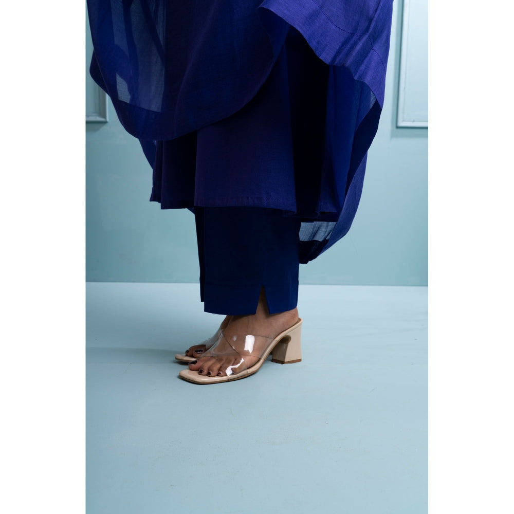 The White Tree Studio Blue Pleated V Neck Kurta with Pant and Dupatta (Set of 3)