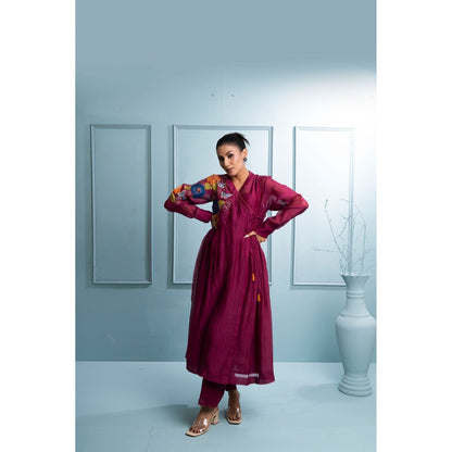 The White Tree Studio Burgundy Embroidered Angrakha with Inner and Pant (Set of 3)