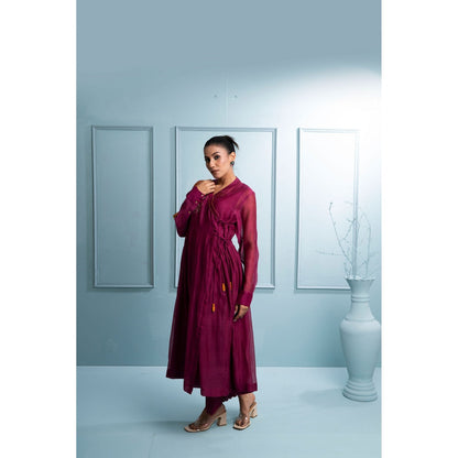 The White Tree Studio Burgundy Embroidered Angrakha with Inner and Pant (Set of 3)