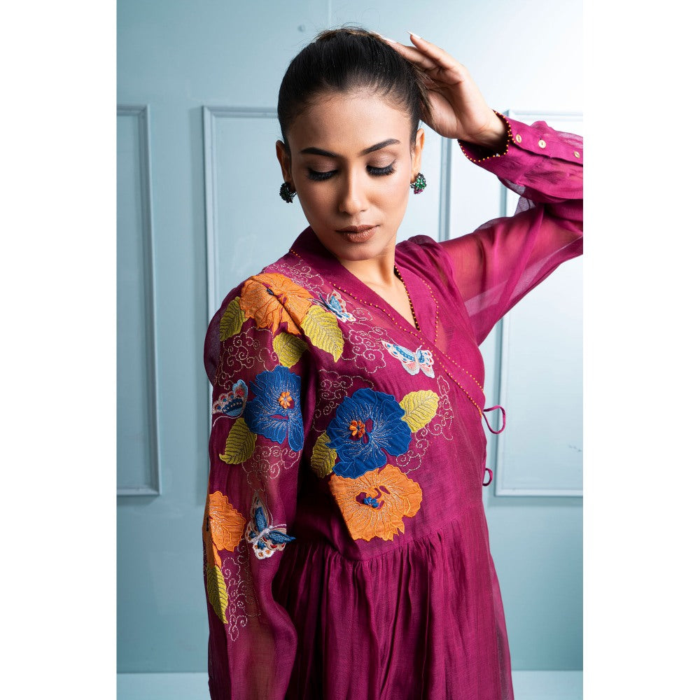 The White Tree Studio Burgundy Embroidered Angrakha with Inner and Pant (Set of 3)