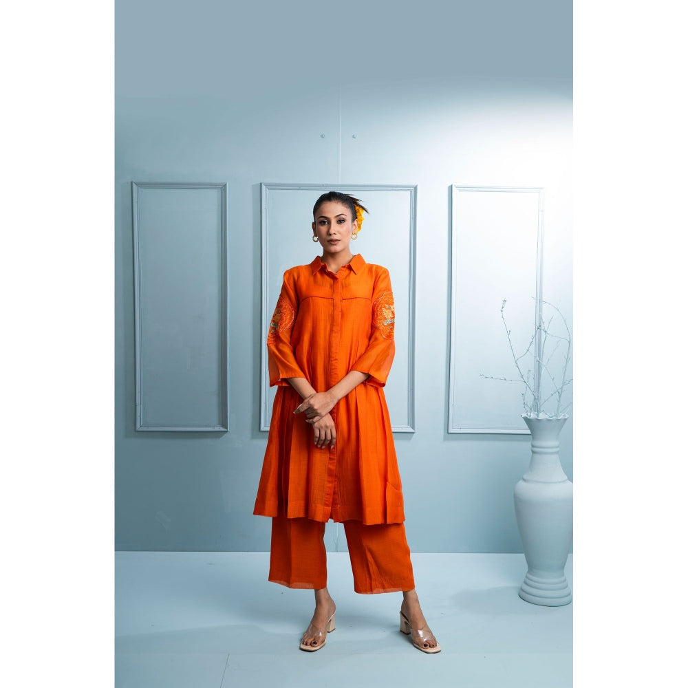The White Tree Studio Orange Pleated Kurta with Palazzo and Inner (Set of 3)