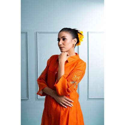 The White Tree Studio Orange Pleated Kurta with Palazzo and Inner (Set of 3)