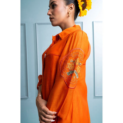 The White Tree Studio Orange Pleated Kurta with Palazzo and Inner (Set of 3)