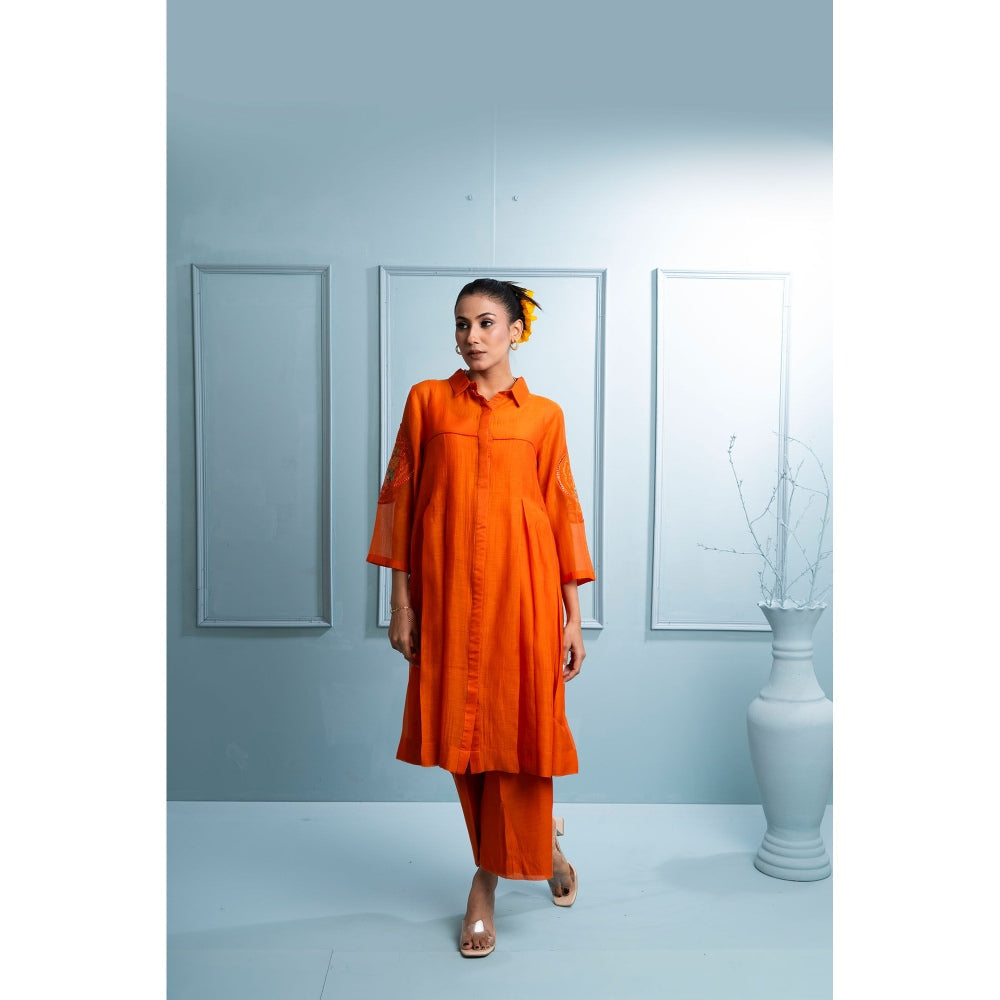 The White Tree Studio Orange Pleated Kurta with Palazzo and Inner (Set of 3)