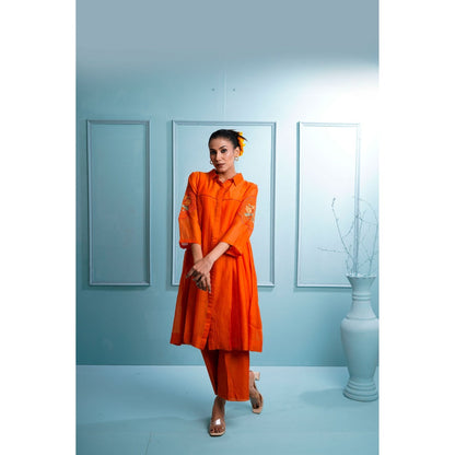 The White Tree Studio Orange Pleated Kurta with Palazzo and Inner (Set of 3)