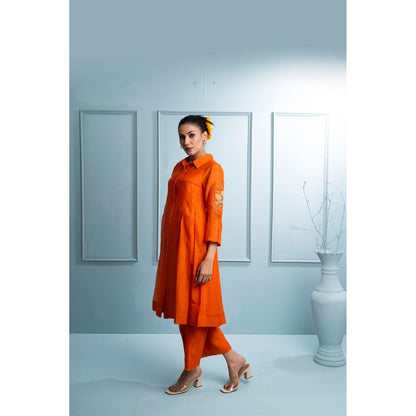 The White Tree Studio Orange Pleated Kurta with Palazzo and Inner (Set of 3)