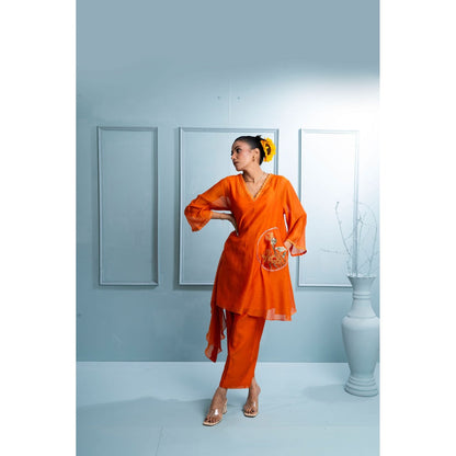 The White Tree Studio Orange Asymmetrical Kurta with Palazzo and Inner (Set of 3)